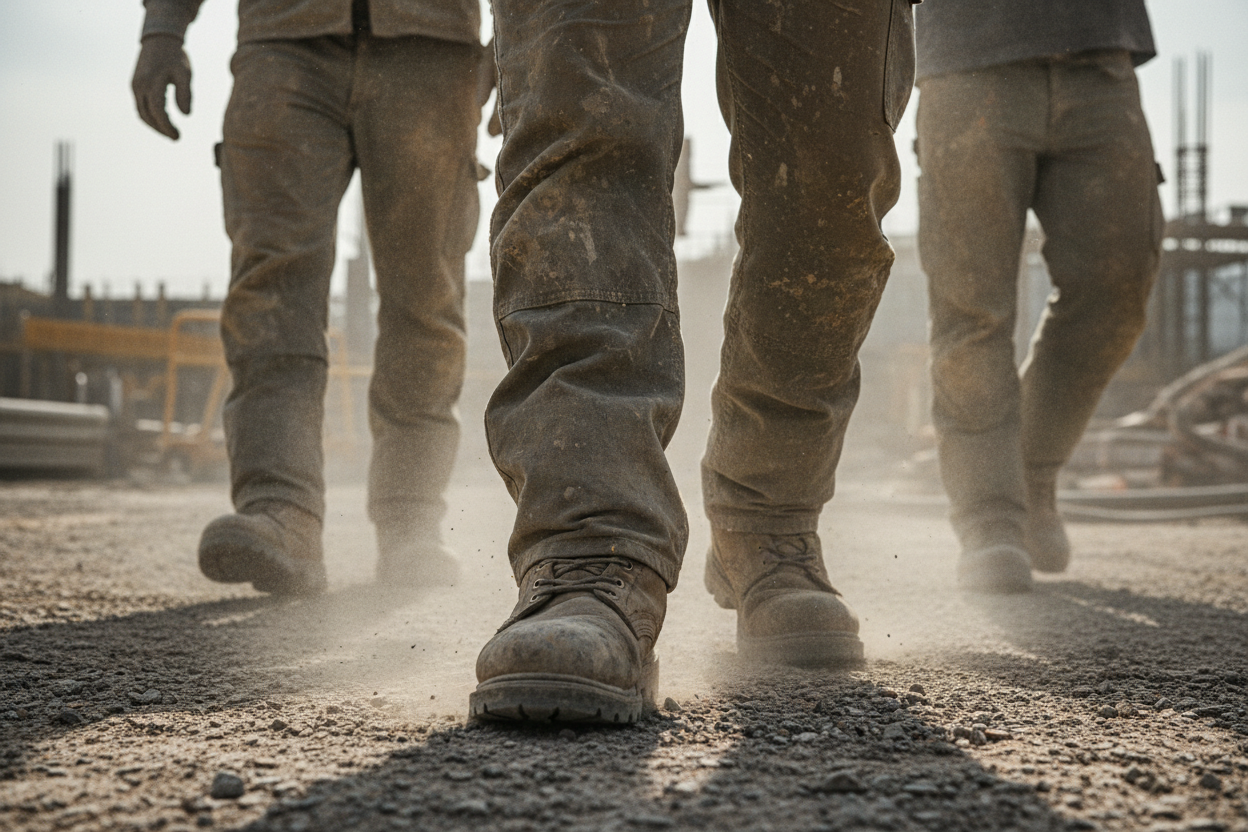 construction workers walking, close up on shins and boots on a job site, kinda faded/dusty